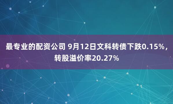 最专业的配资公司 9月12日文科转债下跌0.15%，转股溢价率20.27%